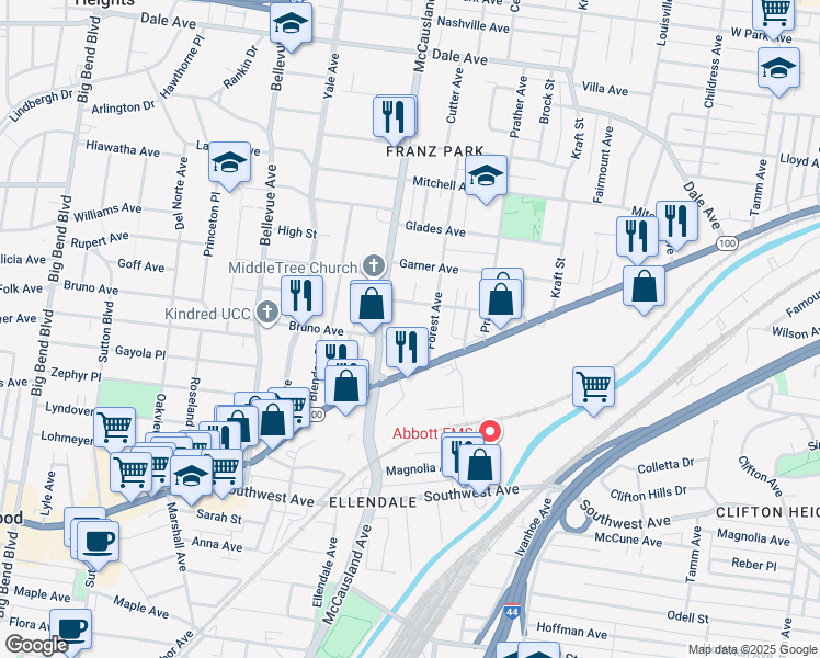 map of restaurants, bars, coffee shops, grocery stores, and more near 6922 Waldemar Avenue in St. Louis