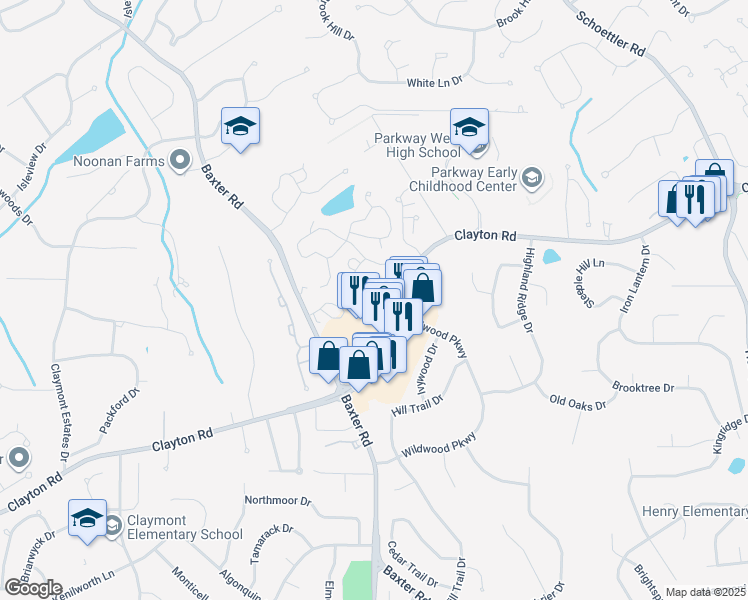 map of restaurants, bars, coffee shops, grocery stores, and more near 2405 Clayton Pointe Court in Chesterfield