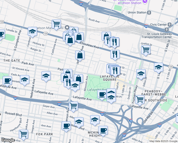 map of restaurants, bars, coffee shops, grocery stores, and more near 2213 Rutger Street in St. Louis