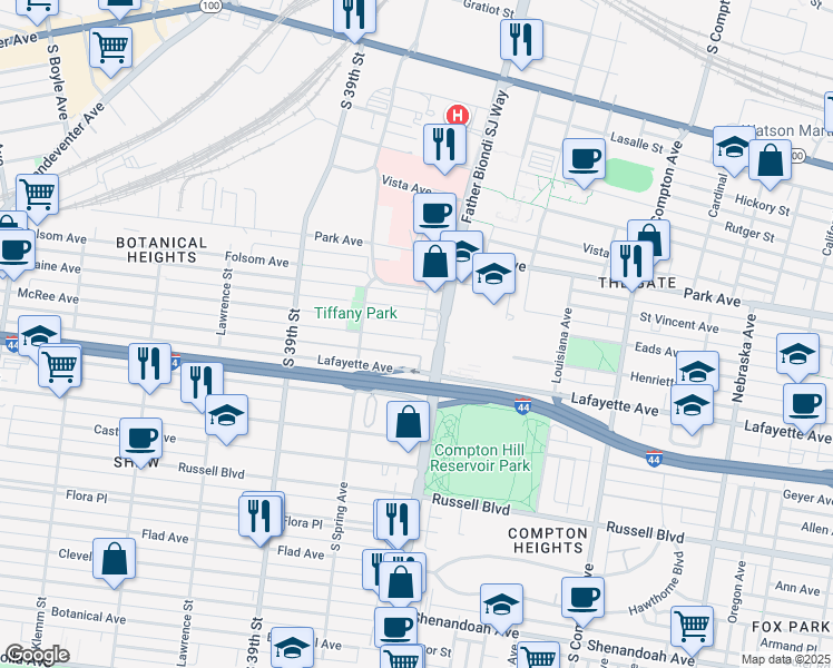 map of restaurants, bars, coffee shops, grocery stores, and more near 3624 Blaine Avenue in St. Louis
