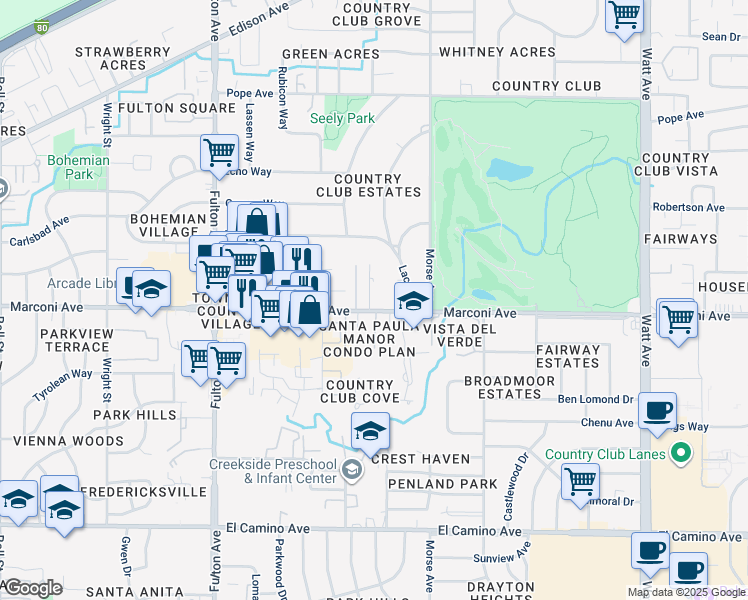 map of restaurants, bars, coffee shops, grocery stores, and more near 2927 Marconi Avenue in Sacramento