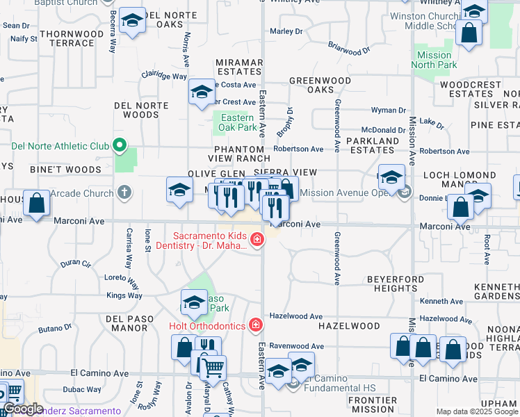 map of restaurants, bars, coffee shops, grocery stores, and more near 4229 Boone Lane in Sacramento