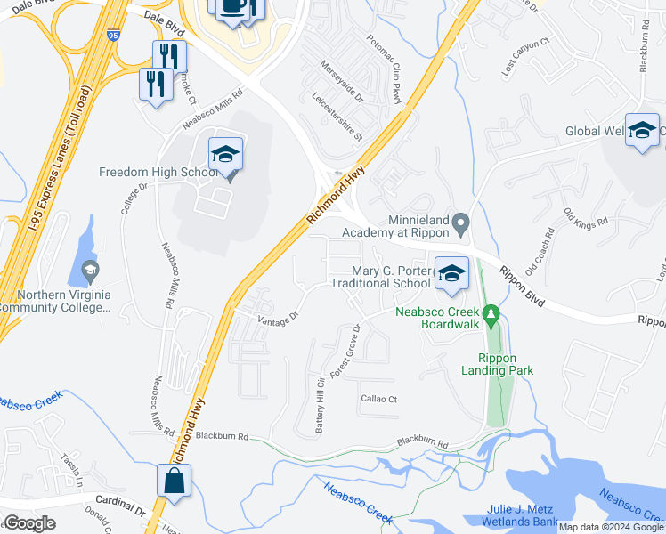 map of restaurants, bars, coffee shops, grocery stores, and more near 2232 Diloreta Drive in Woodbridge