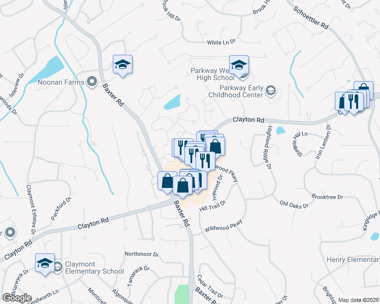 map of restaurants, bars, coffee shops, grocery stores, and more near 2405 Clayton Pointe Court in Chesterfield