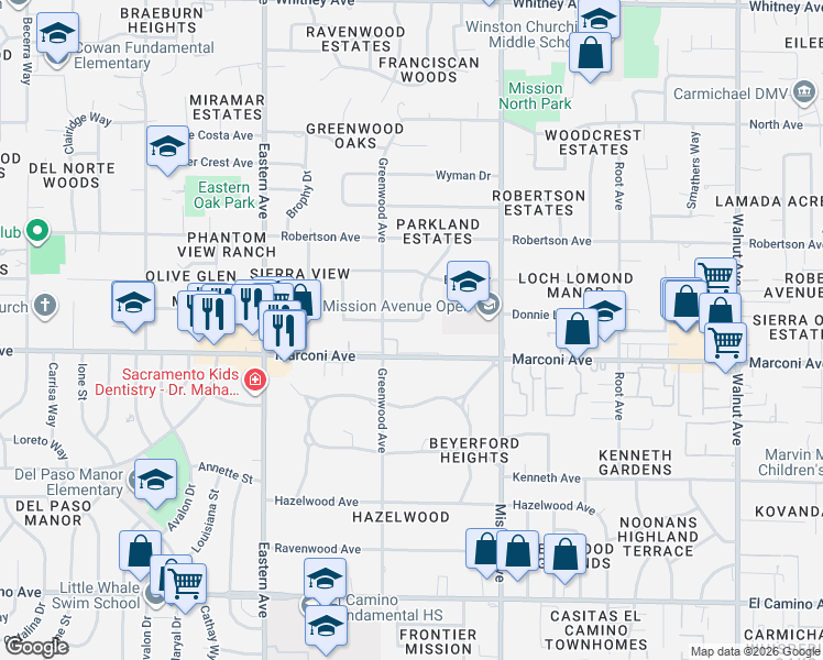 map of restaurants, bars, coffee shops, grocery stores, and more near 2909 Leta Lane in Sacramento