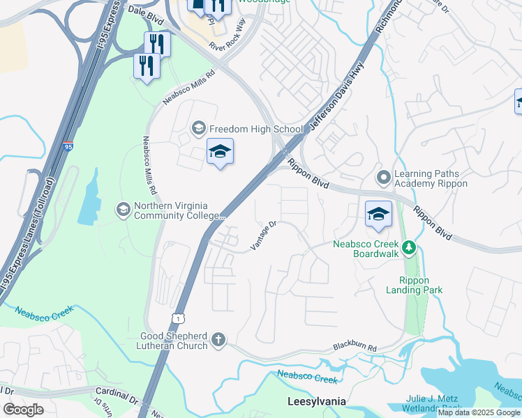 map of restaurants, bars, coffee shops, grocery stores, and more near 2300 Vantage Drive in Woodbridge