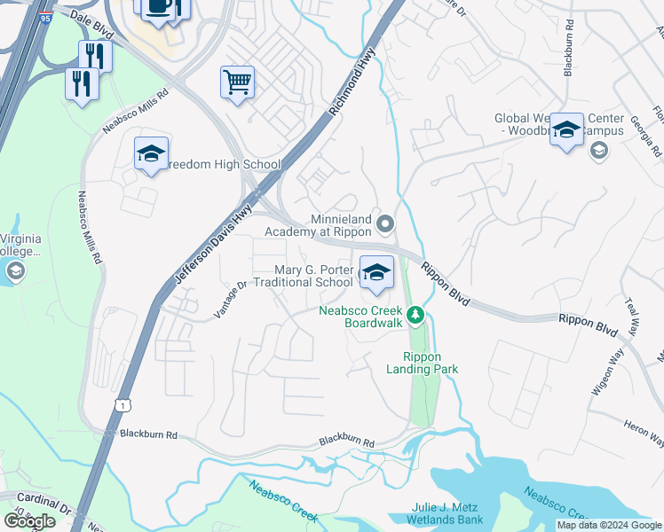 map of restaurants, bars, coffee shops, grocery stores, and more near 15330 Watermill Terrace in Woodbridge