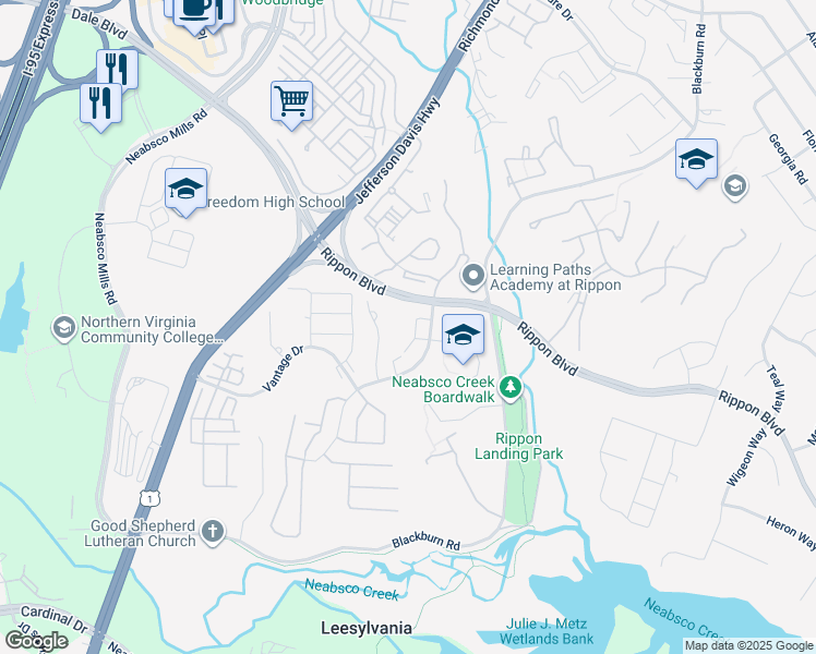 map of restaurants, bars, coffee shops, grocery stores, and more near 15330 Watermill Terrace in Woodbridge