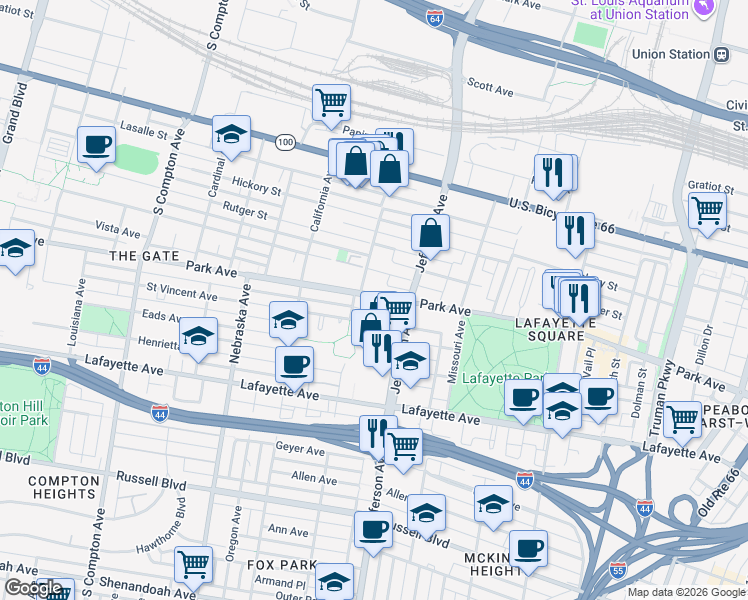 map of restaurants, bars, coffee shops, grocery stores, and more near 1410 Ohio Avenue in St. Louis