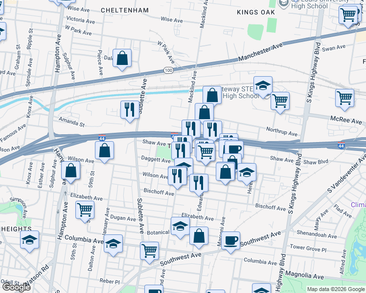 map of restaurants, bars, coffee shops, grocery stores, and more near Macklind Ave & Shaw Ave in St Louis