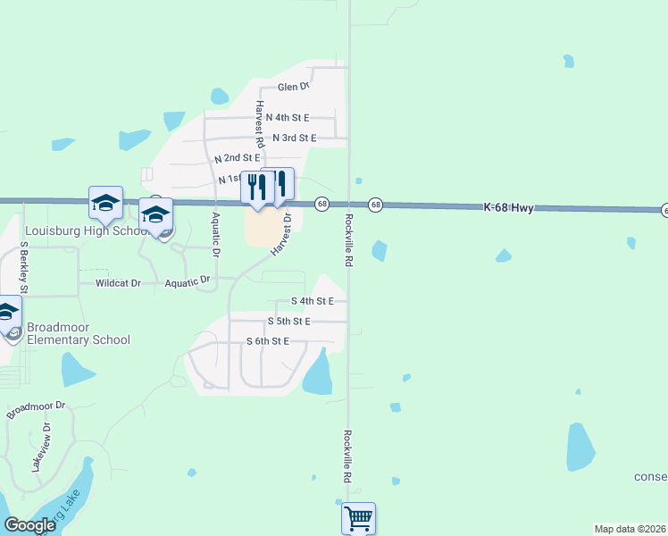 map of restaurants, bars, coffee shops, grocery stores, and more near 304 Rockville Road in Louisburg