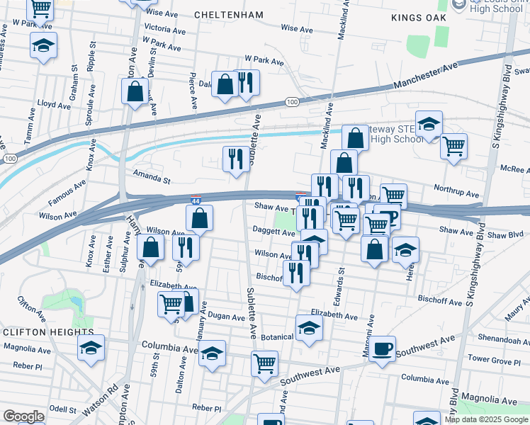 map of restaurants, bars, coffee shops, grocery stores, and more near 5548 Shaw Avenue in St. Louis
