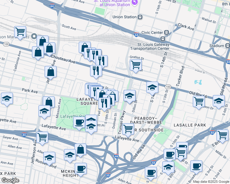 map of restaurants, bars, coffee shops, grocery stores, and more near 1118 South 18th Street in St. Louis