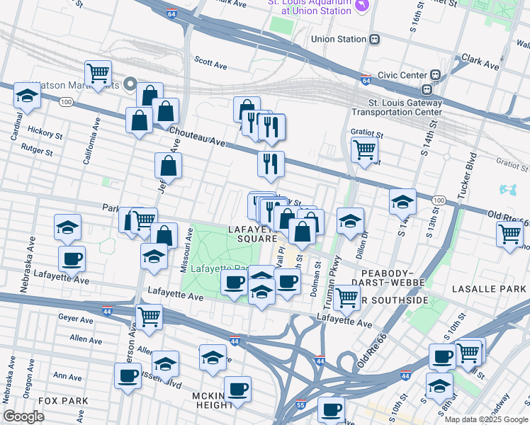 map of restaurants, bars, coffee shops, grocery stores, and more near 1205 Mississippi Avenue in St. Louis
