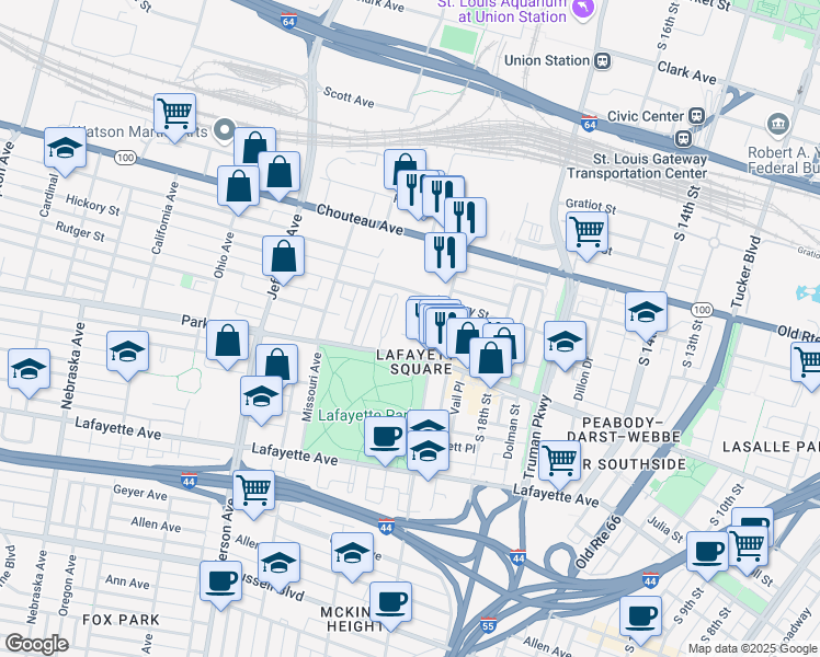 map of restaurants, bars, coffee shops, grocery stores, and more near 28 Benton Place in St. Louis