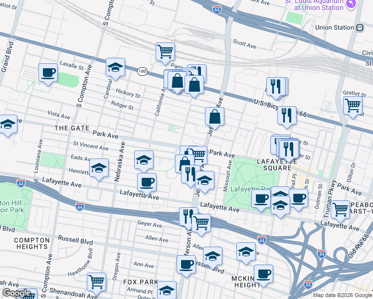 map of restaurants, bars, coffee shops, grocery stores, and more near 1410 Ohio Avenue in St. Louis