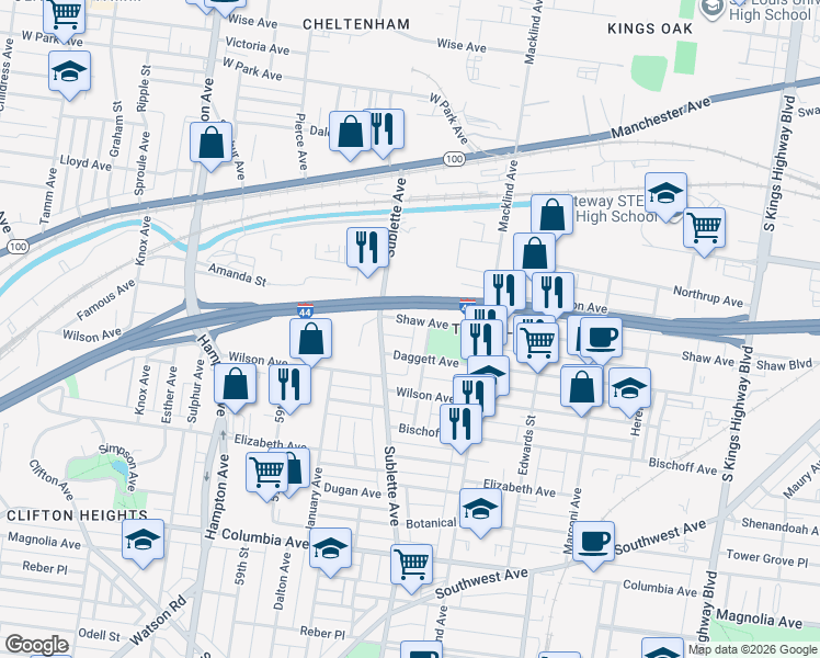 map of restaurants, bars, coffee shops, grocery stores, and more near 5548 Shaw Avenue in St. Louis
