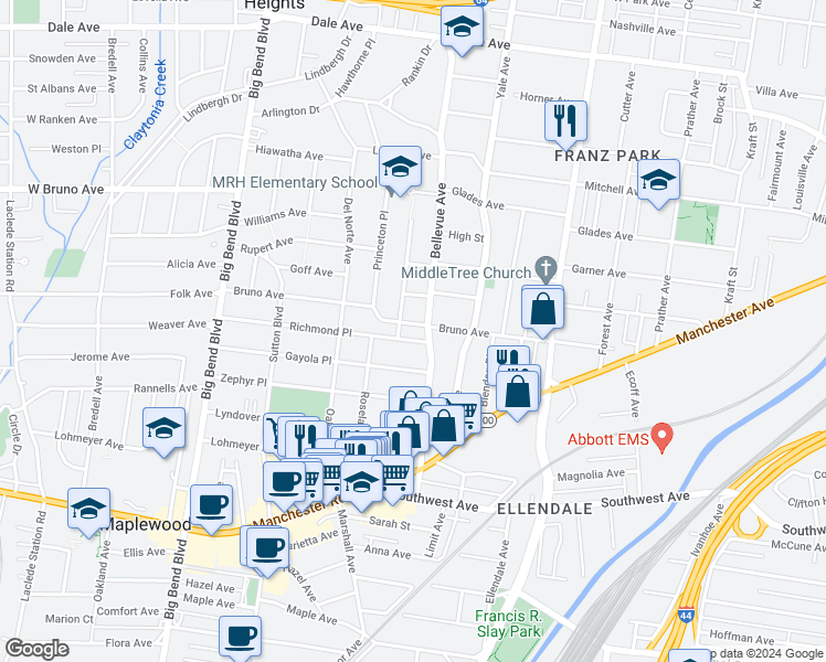 map of restaurants, bars, coffee shops, grocery stores, and more near 2130 Bellevue Avenue in Maplewood