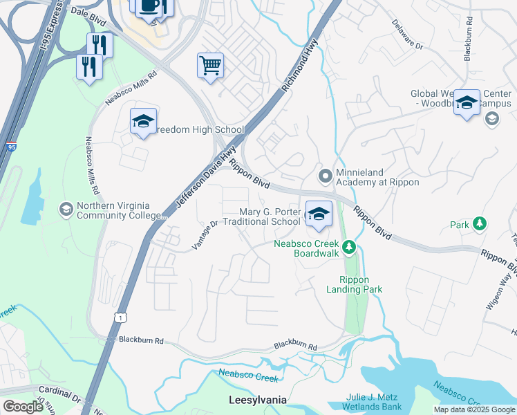 map of restaurants, bars, coffee shops, grocery stores, and more near 15346 Gatehouse Terrace in Woodbridge