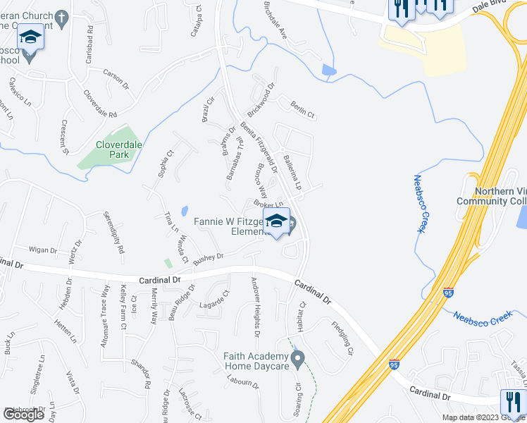 map of restaurants, bars, coffee shops, grocery stores, and more near 15408 Binder Court in Woodbridge
