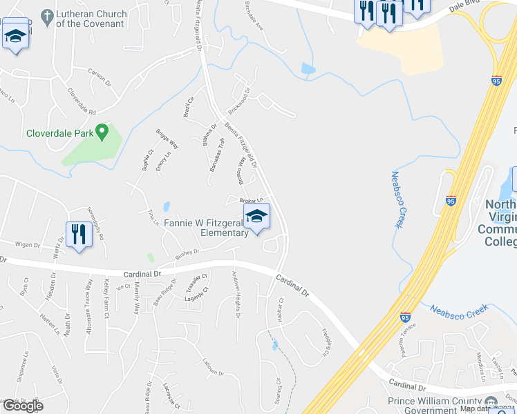 map of restaurants, bars, coffee shops, grocery stores, and more near 15504 Banjo Court in Woodbridge