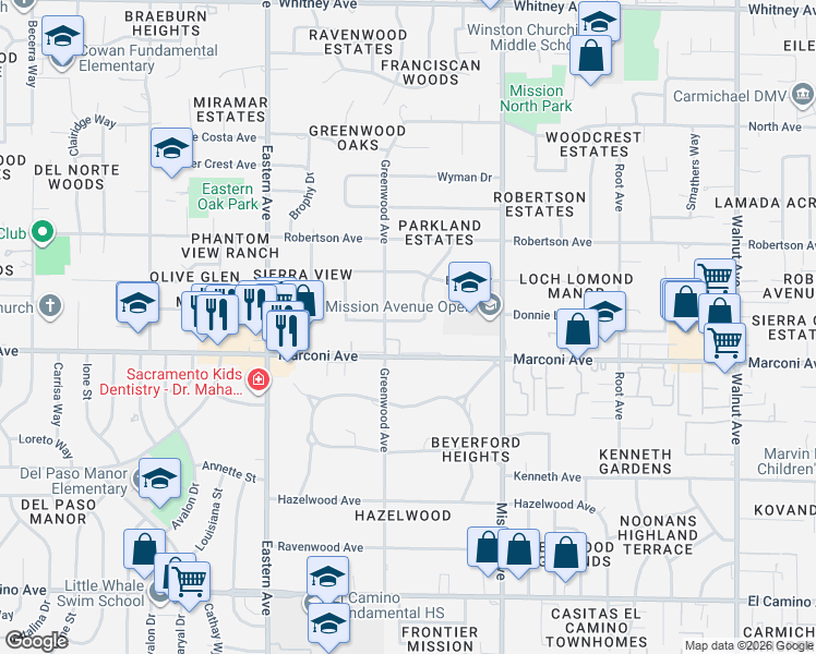 map of restaurants, bars, coffee shops, grocery stores, and more near 2909 Leta Lane in Sacramento