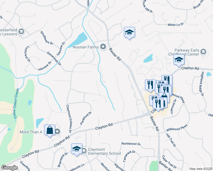 map of restaurants, bars, coffee shops, grocery stores, and more near 1715 Millstream Drive in Chesterfield