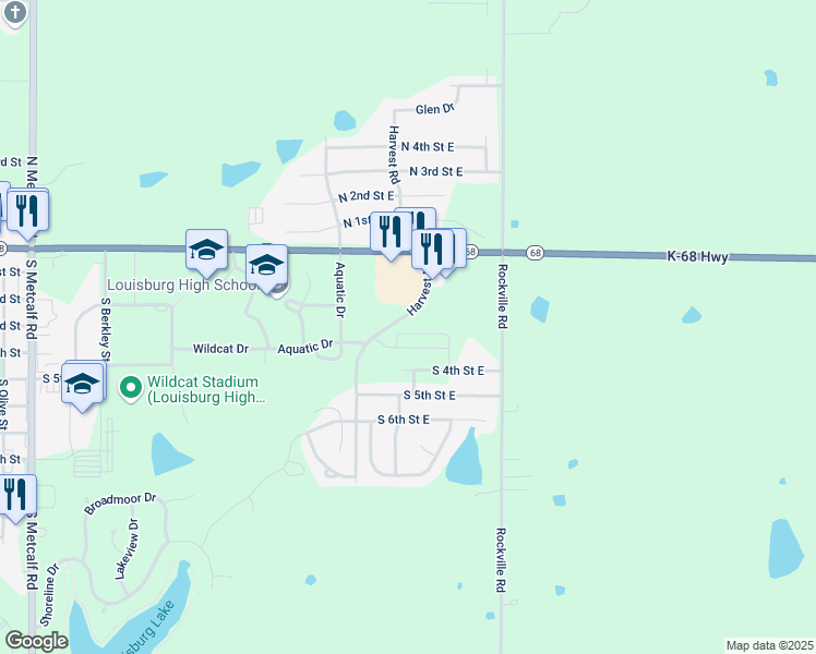 map of restaurants, bars, coffee shops, grocery stores, and more near 214 Harvest Drive in Louisburg