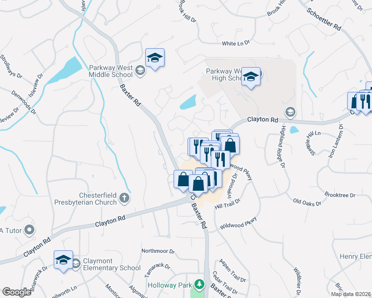 map of restaurants, bars, coffee shops, grocery stores, and more near 15049 Claymoor Court in Chesterfield