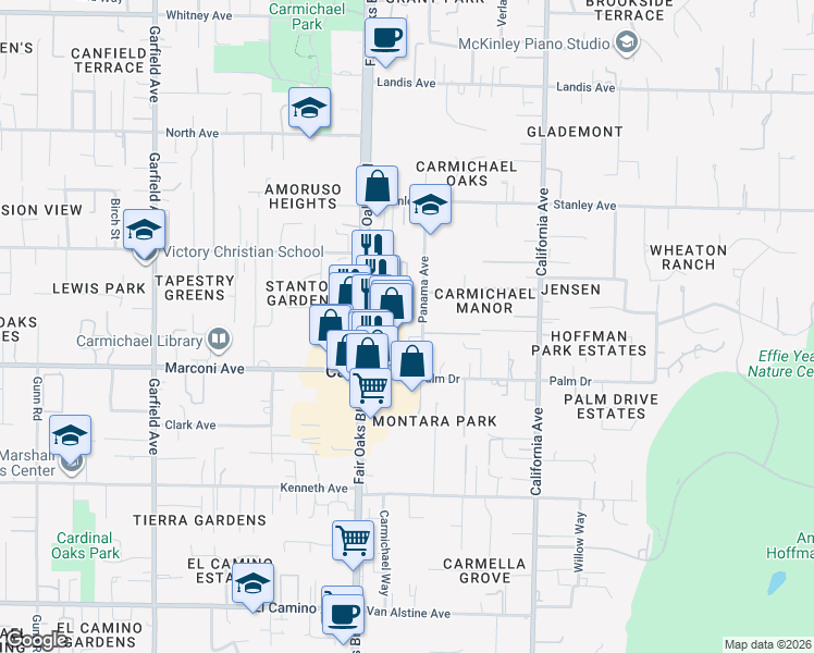 map of restaurants, bars, coffee shops, grocery stores, and more near 6448 Fair Oaks Boulevard in Carmichael