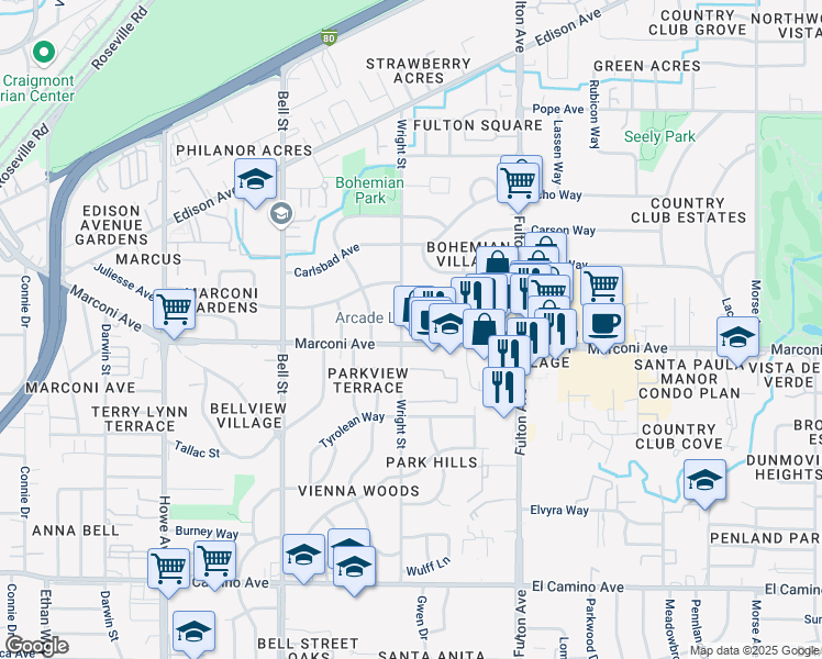 map of restaurants, bars, coffee shops, grocery stores, and more near 2930 Wright Street in Sacramento