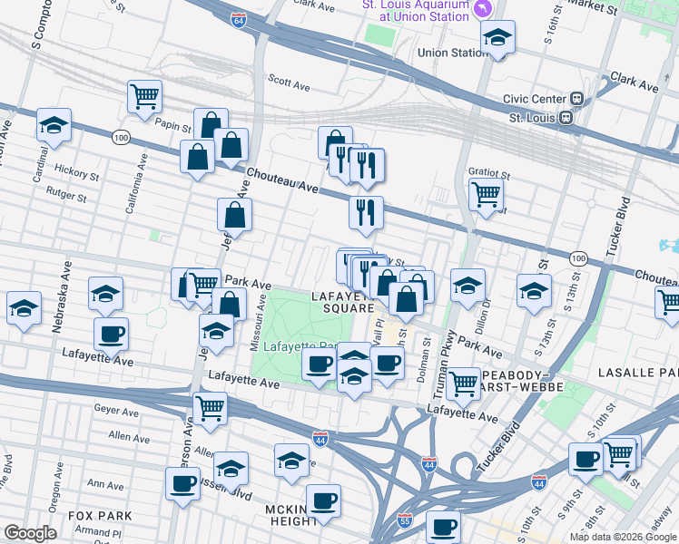 map of restaurants, bars, coffee shops, grocery stores, and more near 28 Benton Place in St. Louis