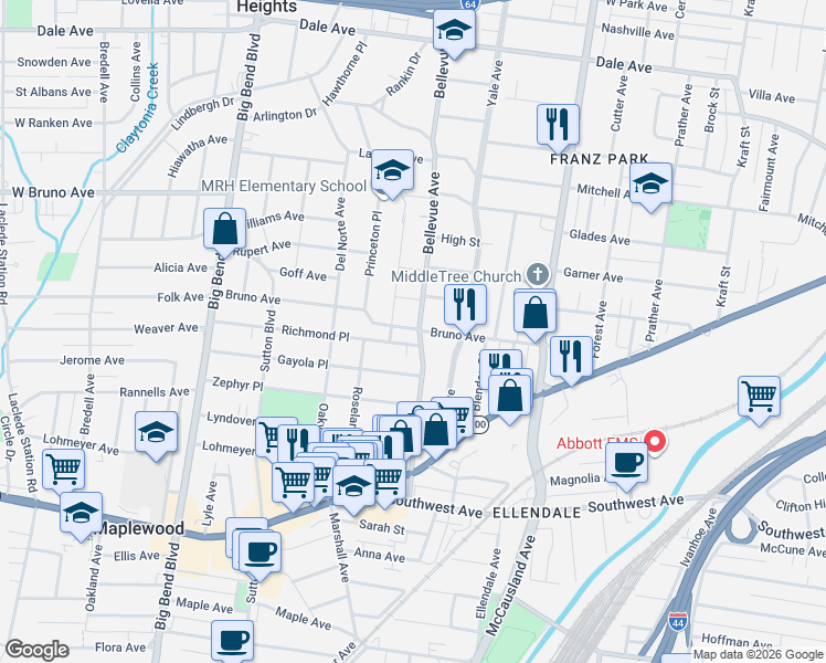 map of restaurants, bars, coffee shops, grocery stores, and more near 2130 Bellevue Avenue in Maplewood