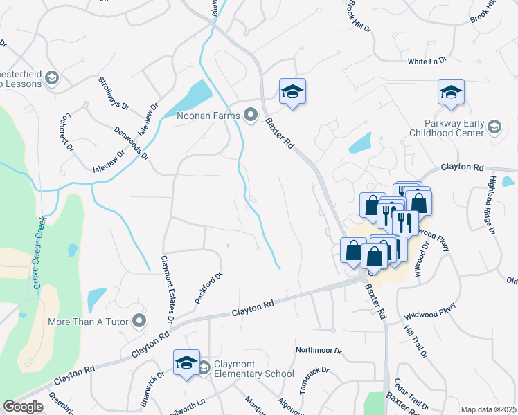 map of restaurants, bars, coffee shops, grocery stores, and more near 1715 Millstream Drive in Chesterfield