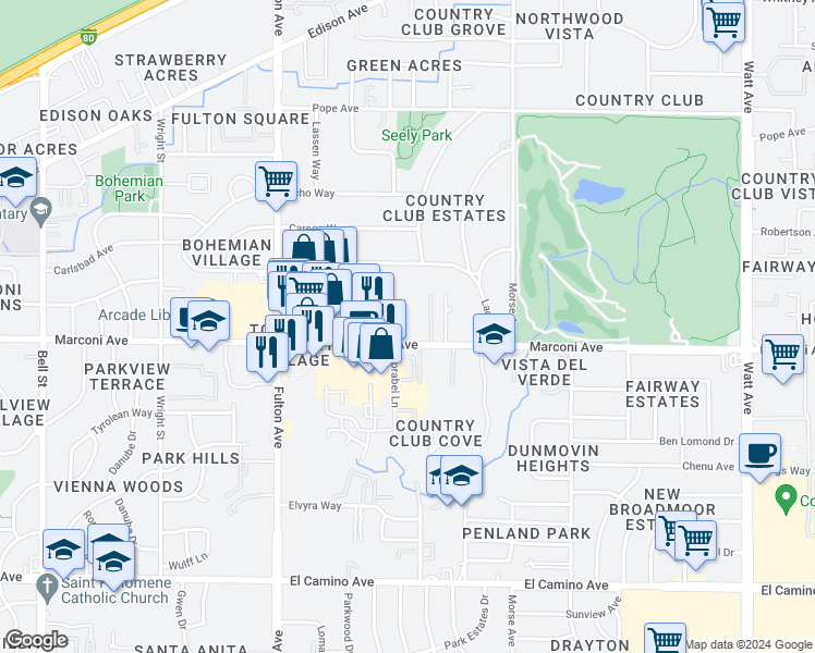 map of restaurants, bars, coffee shops, grocery stores, and more near 2839 Marconi Avenue in Sacramento