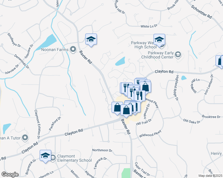 map of restaurants, bars, coffee shops, grocery stores, and more near 2436 Baxter Road in Chesterfield