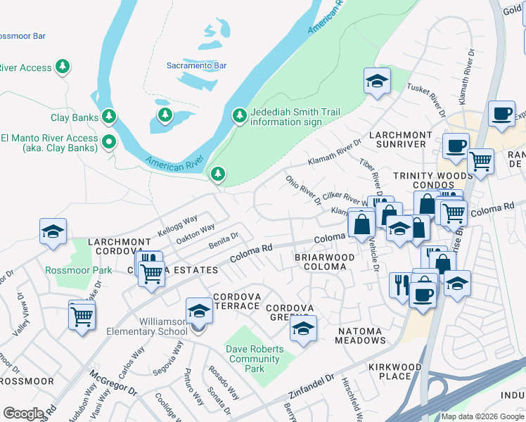 map of restaurants, bars, coffee shops, grocery stores, and more near 1650 Klamath River Drive in Rancho Cordova