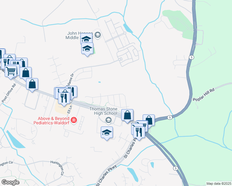 map of restaurants, bars, coffee shops, grocery stores, and more near 12316 Sandstone Street in Waldorf