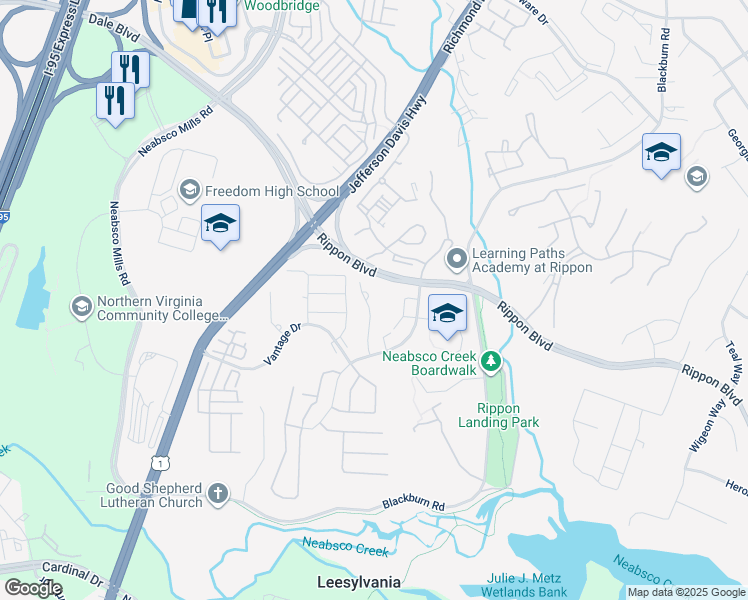 map of restaurants, bars, coffee shops, grocery stores, and more near 15339 Gatehouse Terrace in Woodbridge