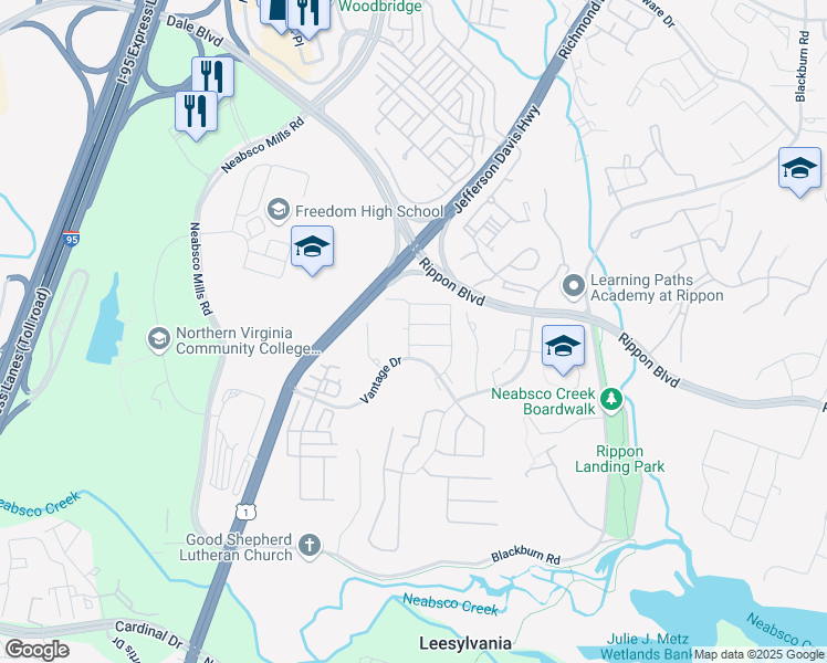 map of restaurants, bars, coffee shops, grocery stores, and more near 2235 William Harris Way in Woodbridge