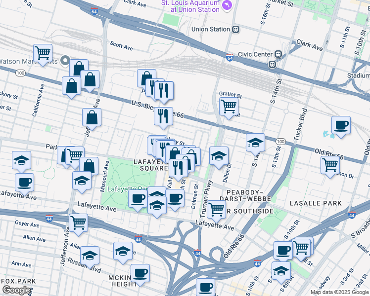 map of restaurants, bars, coffee shops, grocery stores, and more near 1812 Hickory Street in St. Louis