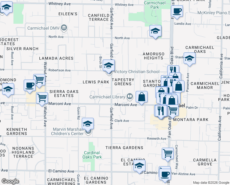 map of restaurants, bars, coffee shops, grocery stores, and more near 2940 Garfield Avenue in Carmichael