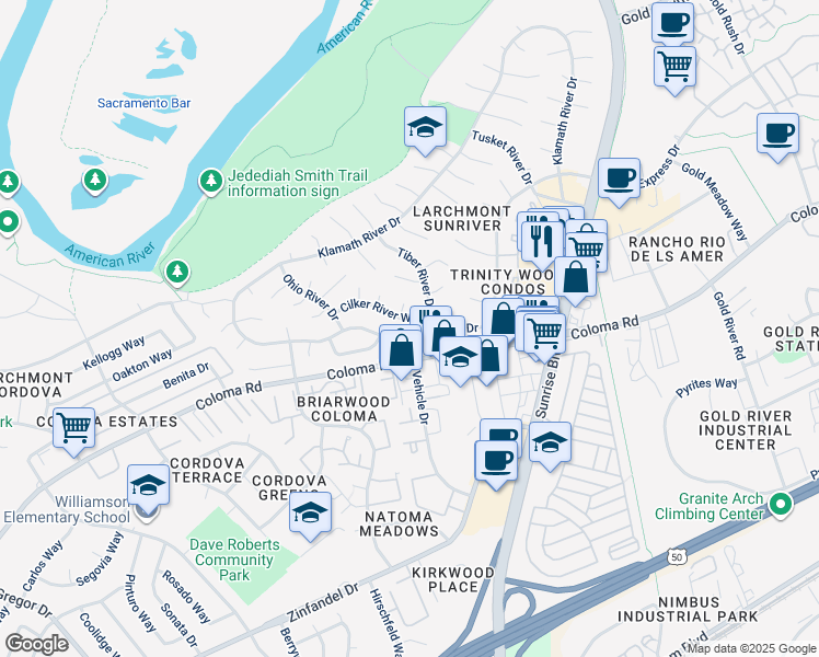 map of restaurants, bars, coffee shops, grocery stores, and more near 2176 Tiber River Drive in Rancho Cordova