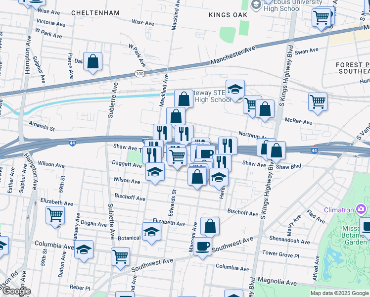 map of restaurants, bars, coffee shops, grocery stores, and more near 5257 Pattison Avenue in St. Louis