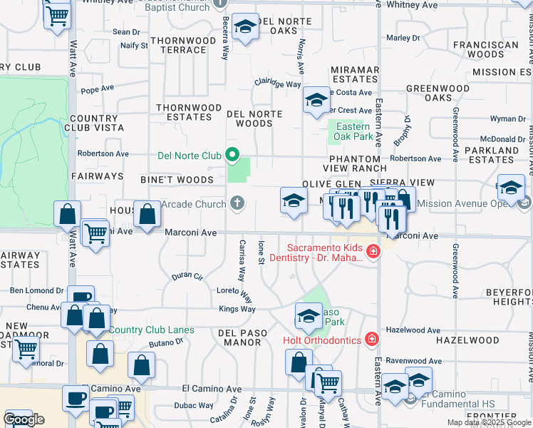 map of restaurants, bars, coffee shops, grocery stores, and more near 4017 Marconi Avenue in Sacramento