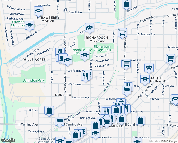 map of restaurants, bars, coffee shops, grocery stores, and more near 601 Las Palmas Avenue in Sacramento