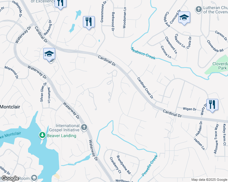 map of restaurants, bars, coffee shops, grocery stores, and more near 15429 Windsong Lane in Montclair