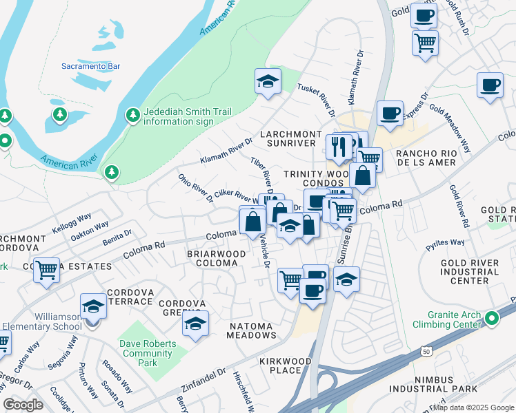 map of restaurants, bars, coffee shops, grocery stores, and more near 2176 Tiber River Drive in Rancho Cordova