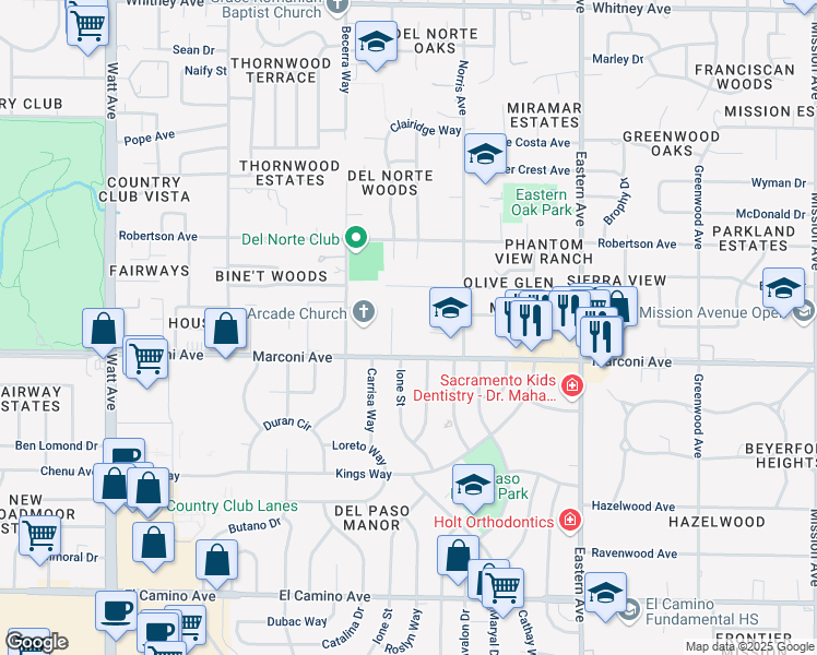 map of restaurants, bars, coffee shops, grocery stores, and more near 4017 Marconi Avenue in Sacramento