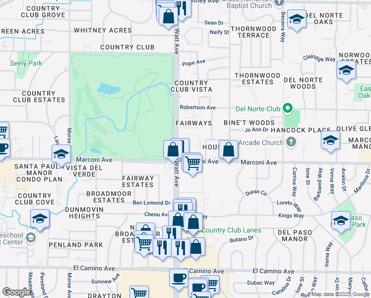 map of restaurants, bars, coffee shops, grocery stores, and more near 3535 Marconi Avenue in Sacramento
